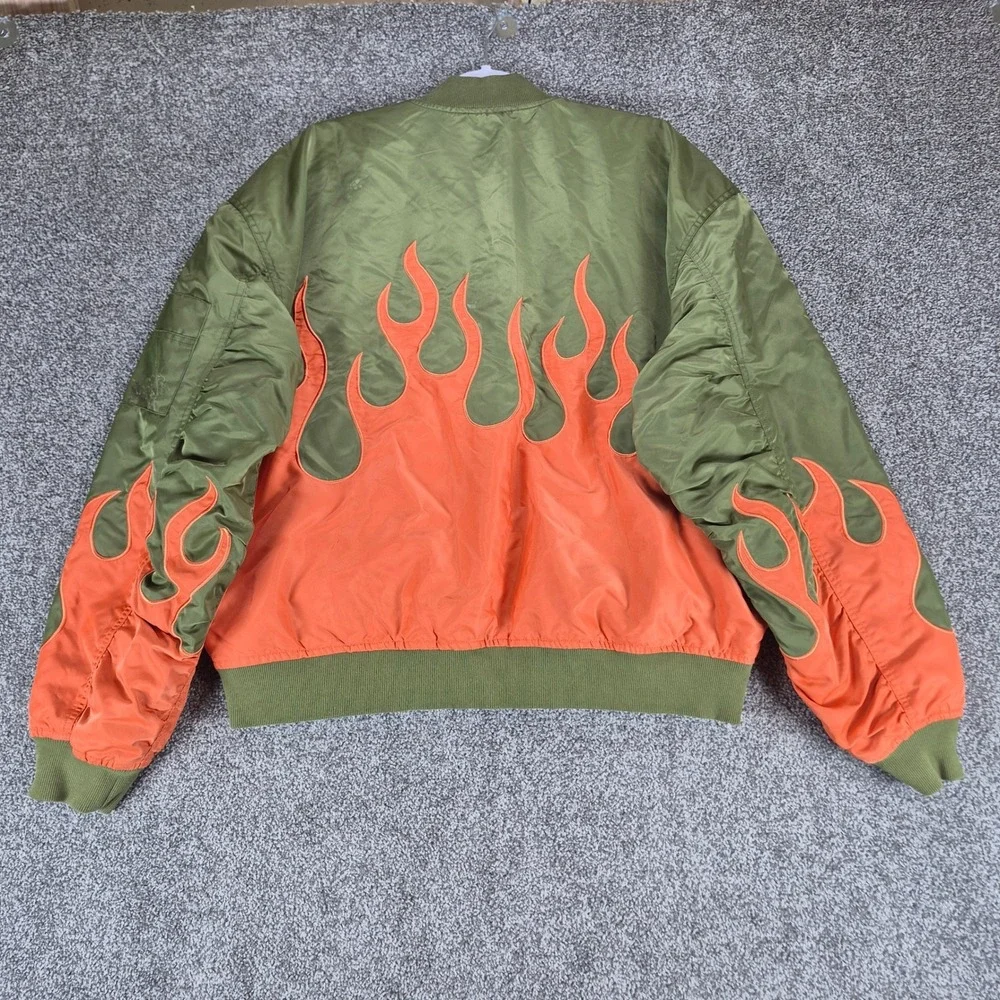 Teddy Fresh Bomber Jacket Mens XL Green Orange Flame‎ Print Streetwear